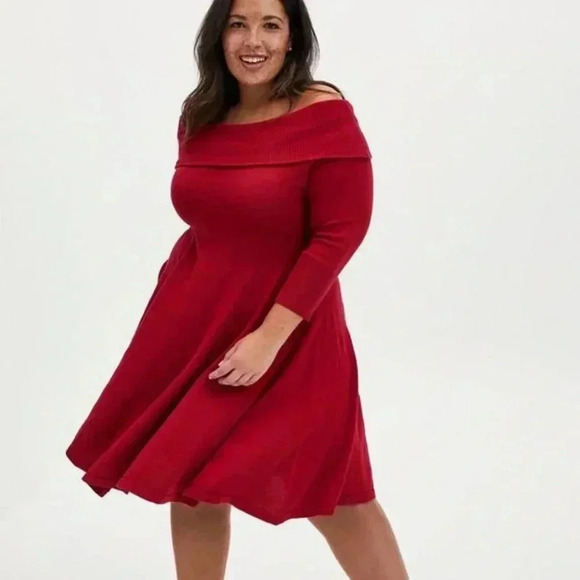 Torrid Valentine Red Knit Off the Shoulder Dress 00 - Picture 2 of 6